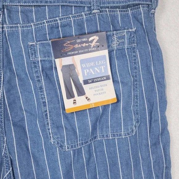 Seven7 Women's Wide Leg Pant Size 12 Belted Blue Striped Pockets Comfort NWT - Picture 3 of 15